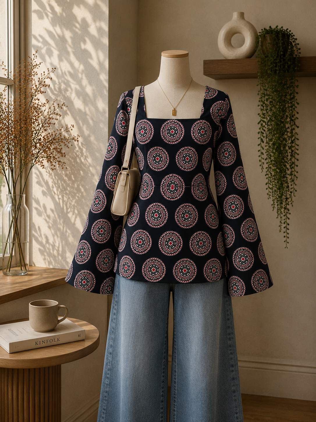 Midnight Mandala Bell-Sleeve Top