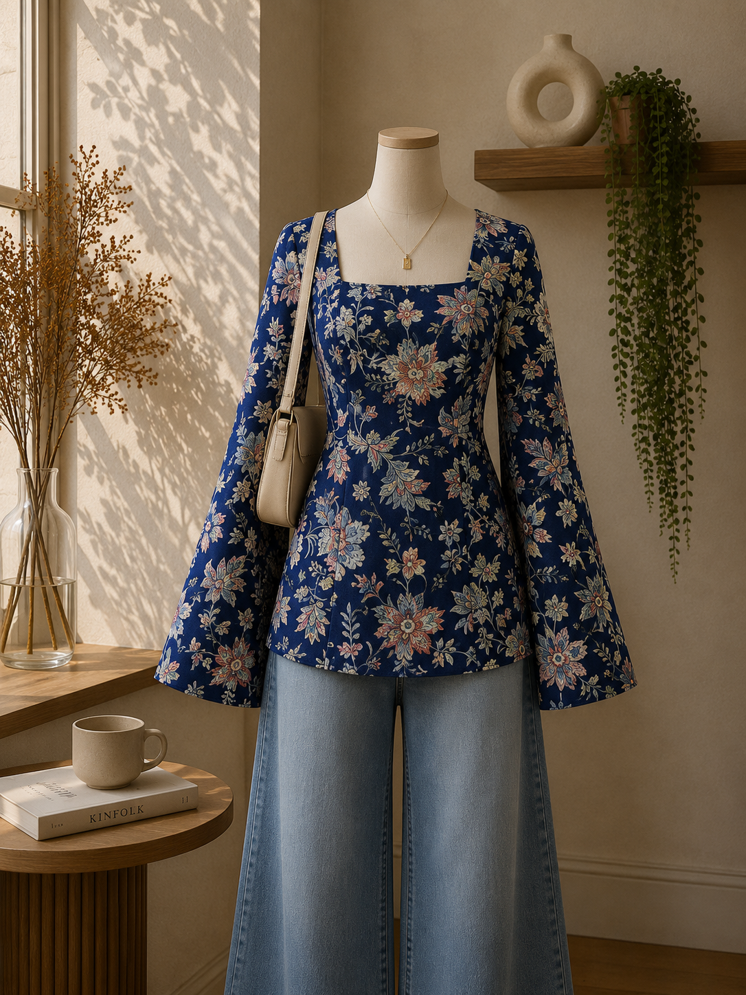 Sapphire Floral Bell-Sleeve Top
